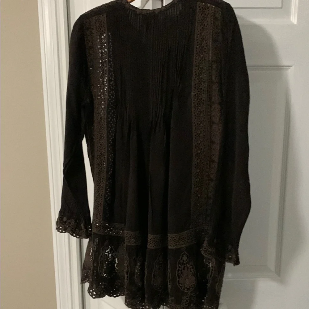 Johnny Was Brown Lace Ruffled Tunic with Mandarin Collar - Picture 3 of 12